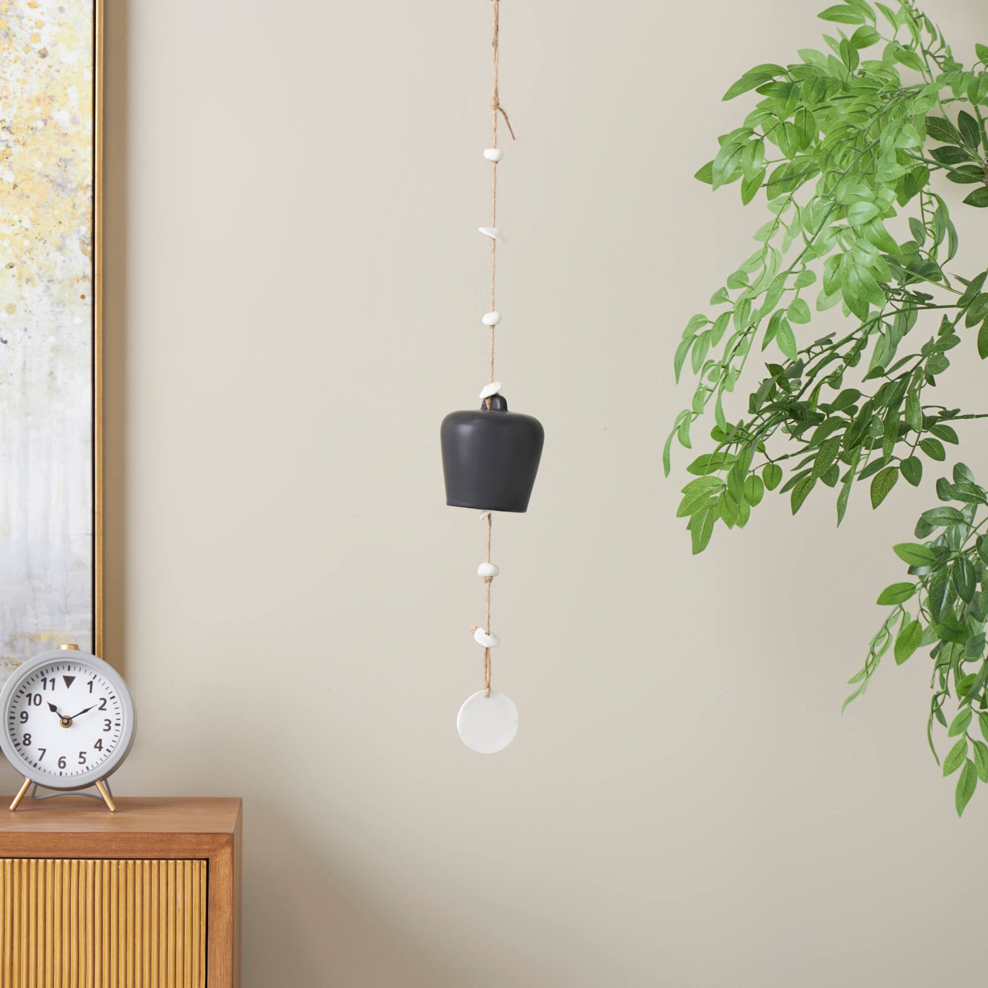 31" Handmade Black Ceramic Bell Windchime with Cascading White Disks
